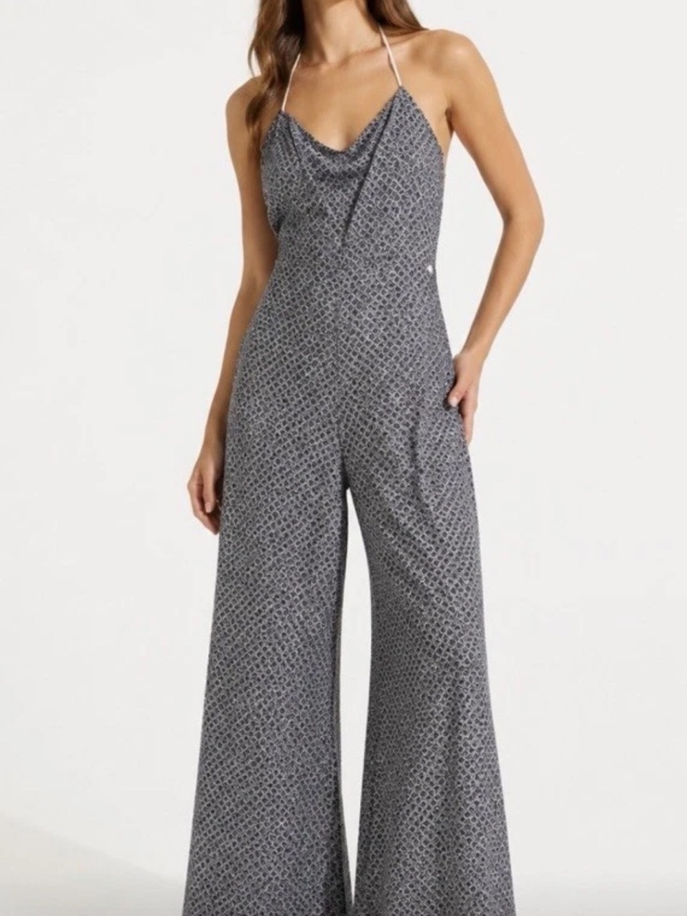 ROXY Women’s Blue White Geometric Wide-Leg Backless Cowl Neck Jumpsuit L NEW